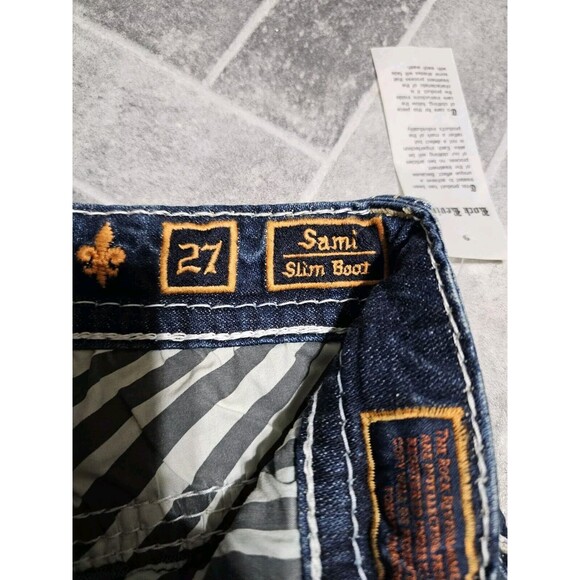 New Rock Revival Sami Slim Boot Stretch Blue Denim Jeans Men’s 27x31 Pocket Logo - Picture 15 of 16